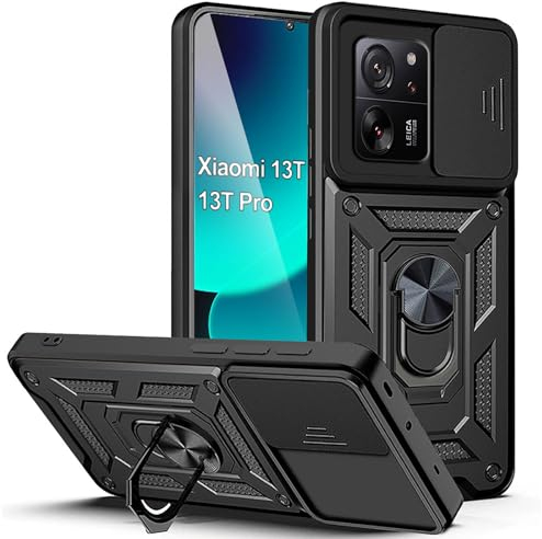 XCYYOO Funda para Xiaomi 13T/ 13T Pro con 360° Magnético Anillo Soporte Carcasa Protección Cámara Silicona Antigolpes Deslizante Proteger La Cámara Armadura Fundas Protectora Case- Negro