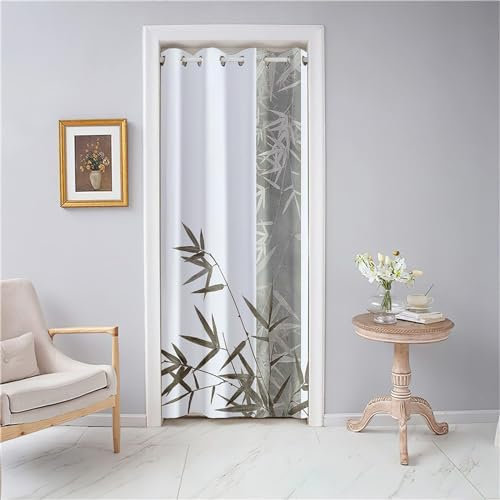 Odot Rideau de Porte à Oeillets - Motif Feuilles de Bambou, Occultant, Séparation de Pièce, Isolation Thermique (120x200cm, Feuilles Grises)