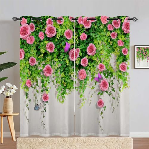 ANHOPE Rose Curtains Eyelet Thermal Insulated Blackout Curtains Pink Rose Leaf Butterfly Print Pattern Ring Top Drapes for Kids Girls Bedroom Living Room 55 x 72 Inch Drop 2 Panels