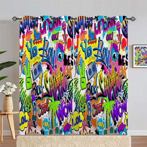 ANHOPE Graffiti Monster Musik Comic Vorhänge mit Ösen Blickdichte Gardinen Blackout Curtain Thermo Vorhang Kinder Jungen Mädchen Schlafzimmer Wohnzimmer Verdunklungsvorhänge 2er Set H 229 x B 168 cm