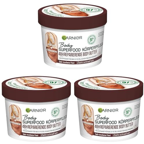 Garnier Reparierende Körperpflege für trockene Haut, Body Butter mit Kakaobutter und Ceramiden, Für bis zu 48 Stunden Feuchtigkeit, Body Superfood, 1 x 380 ml (Packung mit 3)