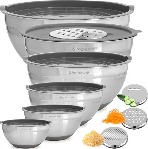 Priority Chef 6Pc Large Mixing Bowls With Lids Set with Non-Slip Bases, Stainless Steel Mixing Bowl Set, 6 Airtight Lids and 3 Graters, Grey