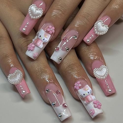 Faux Ongles Extrem Long MouyouGlow,Ballerine Cute Kawaii Rose Blanc French 3D Kitty Carton Cœur Perle Crystal Y2K Coquette Press on Nails avec Colle à Ongles,Pink Sweet Fake Nails
