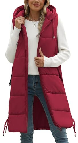 Tuopuda Gilet Donna Lungo, Smanicato Piumino Invernale con Cappuccio, Cappotto Senza Maniche Termico Giubbotto Imbottito Giacca Trapuntato con Cerniera e Tasche, vino Rosso, S