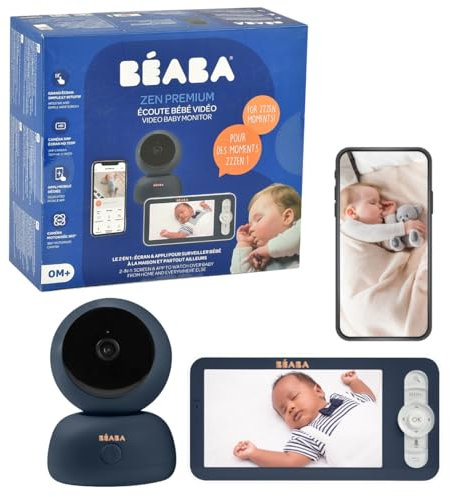 Béaba - Monitor de bebé 2 en 1, Pantalla/aplicación móvil dedicada, cámara HD, rotación de 360°, visión Nocturna, walkie-Talkie, Canciones de Cuna, Control de Temperatura y Humedad, Zen Premium Blue