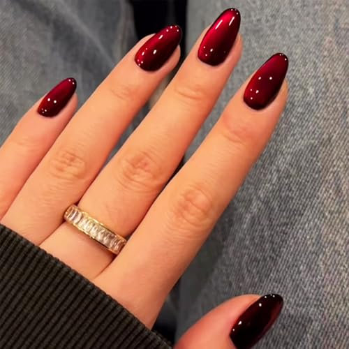 False Nails - 24PCS Short False Nails - Almond Red Cat Eye Fake Nail with Glue - Glossy Full Cover Long Lasting Stick on Nails - Removable DIY Nail Art Gifts for Women Girls