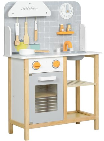 AIYAPLAY Cocina de Juguete para Niños +3 Años Cocinita Infantil Cocinita de Madera Infantil con Sonido Fogón Horno Grifo Fregadero y Accesorios de Cocina 57x26x82 cm Gris