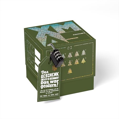 SURPRISA Geschenkbox für Weihnachten, Rätselbox für Geldgeschenke, Glitzer-Design in Grün mit XMAS-Aufdruck, Größe S (12cm)