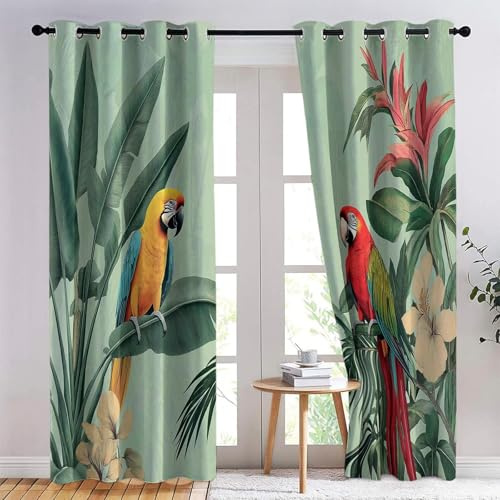 Bedruckte Vorhänge Vintage Malerei Vögel Muster Blickdicht Vorhang Grün mit Ösen Gardinen Deko Ösenvorhang Dekoschal Dekogardinen für Schlafzimmer Wohnzimmer H165 x B75 cm (2er Pack)