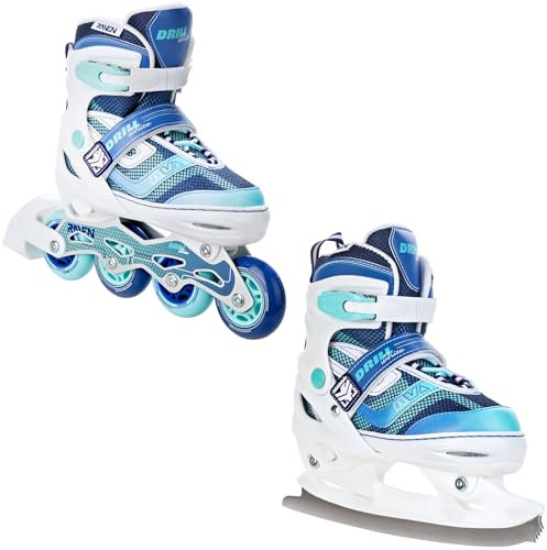 RAVEN Inline Skates Inliner für Kinder und Erwachsene OPTIONAL 2in1 mit Schlittschuhen verstellbar (Drill White/Mint mit Kufen, 38-42 (25cm-27,5cm))