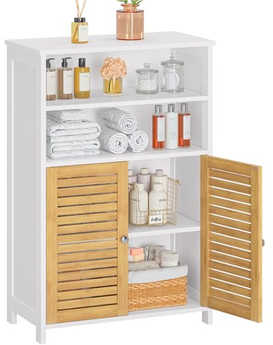 FORABAMB Meuble de Salle de Bain, Armoire de Rangement Cuisine avec 2 Compartiments Ouverts et 2 Portes en Bambou, Meuble de Rangement pour Salle à Manger, Cuisine, Salon, 60x30x100 cm