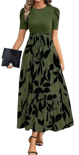 Sommerkleid Damen Lang A Linien Tunikakleid Hohe Taille Maxikleid Round-Ausschnitt Luftiges Strandkleid Mit Taschen Langer Plissee Dress Freizeitkleid Elastischem Bund