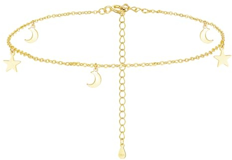 Estrellique Bracelet de cheville en argent sterling 925 pour femme, réglable 22 + 5 cm, petite croix, étoile, lune, chaîne de cheville, étanche, pieds nus, été, plage, 27 cm, Argent sterling