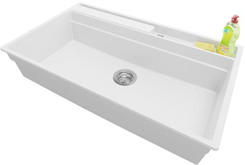 PRIMAGRAN Fregadero Cocina Blanco 88x53cm, Granito 1 Seno + Sifón, Sobre encimera al mueble 90cm - Oslo Pocket S272