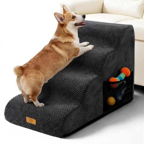 Masthome Escalier pour Chien Chat 4 Marches, Rampe pour Chien, Noir | Mousse haute densité 30D, Poignée Poche Rangement, Base Silicone Antidérapante, Charge 23kg,Housse lavable, Pour Lit Canapé