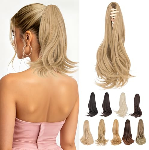 MY-LADY Ponytail Extension Pferdeschwanz Haarverlängerung Gewellt Zopf Extensions Ponytail Haarteil Synthetik Lockig Claw on Pferdeschwanz Dunkelblond/Bleichblond 40cm