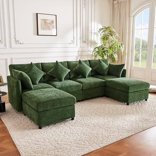 Merax Ecksofa U-Form/L-Form Modulares 4-Sitzer Sofa mit 2 umwandelbaren Fußhockern und 6 Chenille-Kissen, Cloud Couch aus Chenille-Stoff, ideal für Wohnzimmer, Apartment und Büro, Grün