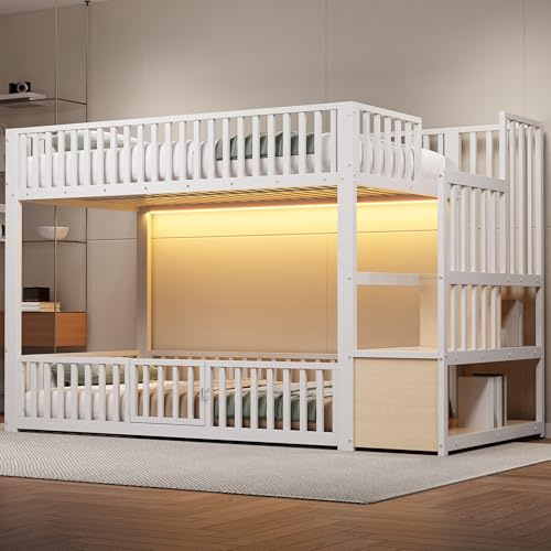 Xwiny Kinderbett 90x200 cm mit LED-Beleuchtung und Stauraumleiter, Hochbett mit Treppe Stauraum, Im unteren Bett Befindet Sich Eine Kleine Tür, Etagenbett(Ohne Matratze) (Weiß, 90x200 cm)