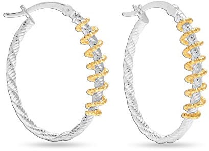 LeCalla Sterling Silver Jewelry Two-Tone Textured Oval Click-Top Hoop Earrings for Women Teen