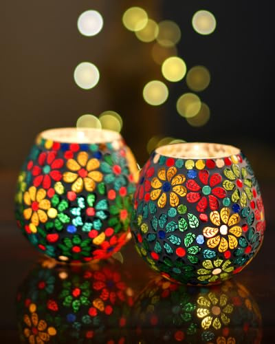 Homesake Tea Light Candle Holder for Home Decoration, Moroccan Multicolor Mosaic Glass for Room Bedroom Lights Decor, Pack of 2