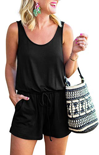 REORIA Damen Sommer Lose V-Ausschnitt Spaghettiträger Kurz Jumpsuit Schwarz M