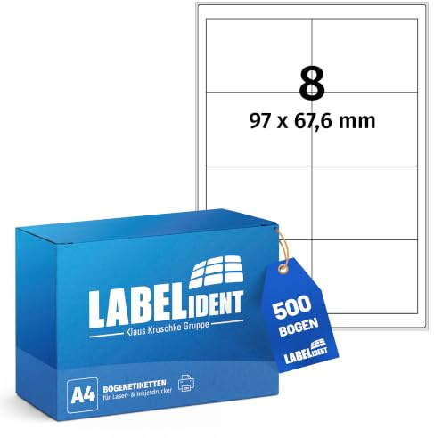 Labelident Laser-Etiketten 97 x 67,6 mm weiß - 8 Etiketten pro A4-Bogen - 4.000 Etiketten (500 DIN A4 Bögen) geeignet für Laser- & Inkjetdrucker