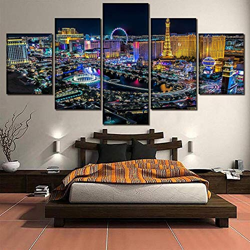 FYZKAY Bilder 5-teilig Leinwandbilder Las Vegas Stadt Landschaft Gemälde Leinwand HD Drucke Bilder Wandkunst Home Dekorative Poster Moderne Kunstwerke Rahmenlos