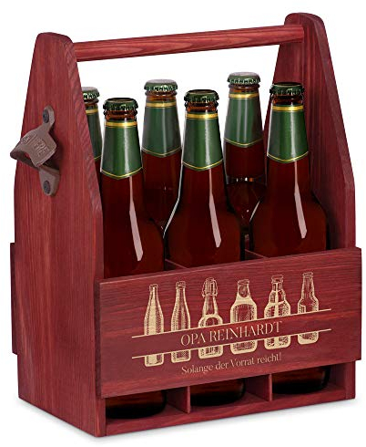 Maverton Bierträger für 6 Flaschen 0,5L + Gravur - Männerhandtasche mit Flaschenöffner - Größe: 25x17x32cm - aus Holz - Geburtstagsgeschenk für Männer (Vorrat)