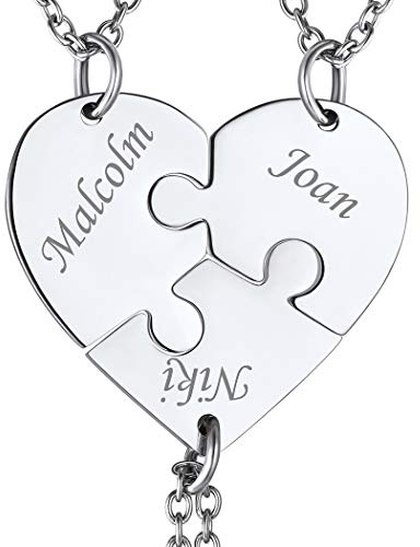 Suplight Corazón Personalizado de Mujer Collar Puzzle Rompecabezas con 3 Nombre Grabado Cadenas Plateadas de Acero Inoxidable 316L Colgante Pequeño de Amor Amistad