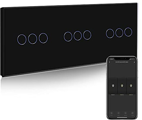 BSEED WiFi Interruptor de Luz 3 Gang 2 Vías Triple Interruptor Inteligente con Panel de Vidrio Negro,Compatible con Alexa y Google Home, Control de App y Función de Temporizador-Neutral Requerido