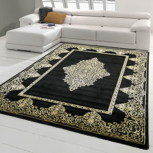 Teppich-Traum stilvoller Wohnzimmerteppich | goldene Verzierungen auf schwarz, Größe 240 x 340 cm