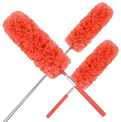 Extendable Pole Washable Duster Head Household Dusting Brush Adjustable Stretch Extend Microfiber Feather Duster Brush with Stainless Steel Telescopic Handle Bendable Corner Broom for Ceilings Cobwebs