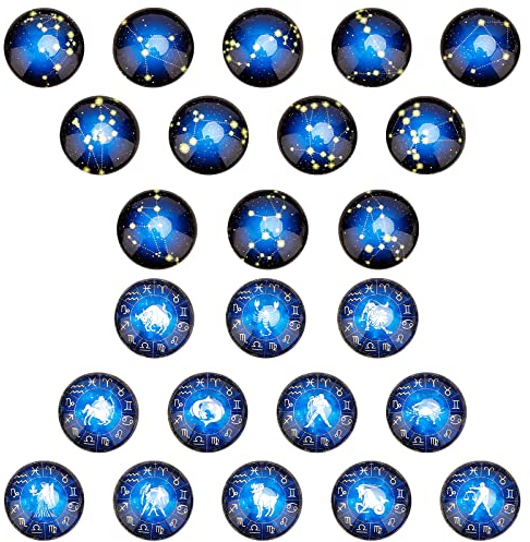 SUNNYCLUE 1 Box 24 Stück 12 Konstellations-Glascabochons Halbrund Sternzeichen Muster Flatback Charms Astrologie Kuppel Edelstein Für Die Schmuckherstellung DIY Halskettenzubehör 25 mm