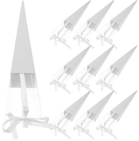 10Pcs Flower Crafting Boxes Cone Shaped Single Stem Flower Box Packaging Bags Paper Wrapping Bags Cones Florist Bouquet Supplies for Valentine's Day Mother's Day Birthday (White)