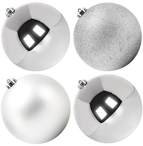 Benjia - Palline di Natale extra large, giganti, grandi, in plastica infrangibile, set di ornamenti per esterni, prato, cortile, albero, decorazioni da appendere (15 cm/150 mm, 4 pezzi, argento)