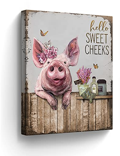 Schweine, Badezimmerdekoration, Wandkunst, lustige rosa Schweine, Bilder, Wanddekoration, Bauernhaus, Tiere, Schweine, Vintage-Gemälde für Badezimmer, WC, gerahmt, 30.5x40.6 cm