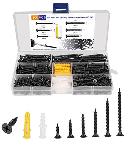 M3.5 Black Wood Screws Assortment Fasteners Kit 300Pcs,Phillips Head Fast Flat Self-Tapping Small Screws for Wood, Length 20-50mm,Contains 30Pcs M6 Wall plugs
