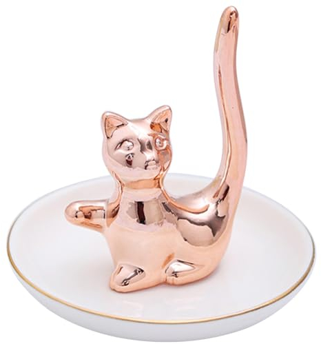 ULTECHNOVO Ceramic Holder and Trinket Dish Decor Jewelry Organizer for Rings Earrings and Necklaces Present Stylish White Plate with Rose Gold Cat Accent
