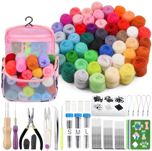 Riddur 50 Farben Nadelfilz Set, 228-teiliges Filzen Starterset, Praktische Tragetasche mit Filznadeln zum Trockenfilzen Grundlegenden Filzwerkzeugen und Zubehör, Diy Filzwolle Trockenfilzen