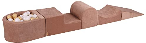 MEOWBABY Schaumstoff Bausteine Kinder - Bausteine XXL aus Schaumstoff mit Bällebad und 100 Bälle für Kinder - Baby Softbausteine zum Klettern, Samt, Beige