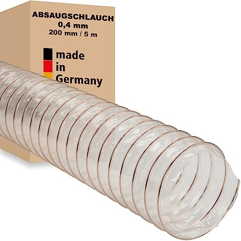 Absaugschlauch 0,4 mm - 200 mm / 5 m transparent für Absauganlage Spiralschlauch schwer entflammbar Stahldrahteinlage Flexschlauch Made in Germany
