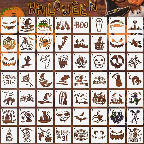 Augshy Halloween-Schablonen, 56 Stück, Kürbis-Malschablone, Ornament-Schablonen aus Kunststoff zum Malen auf Holz, Ornamenten, Holzscheiben, Basteln, Stoffe, Fenster, Halloween-Dekoration (7,6 cm)