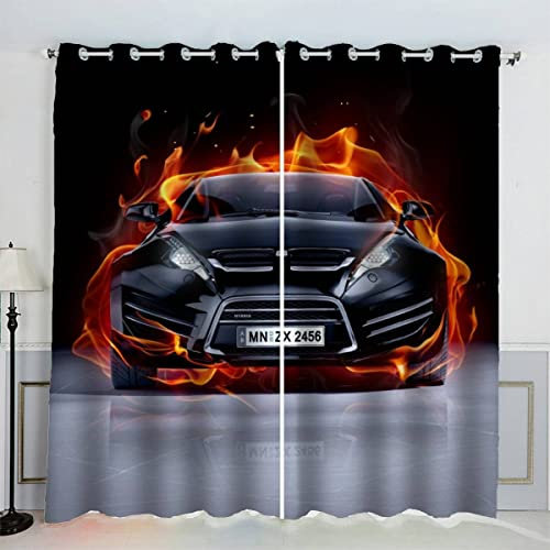 AKATIE Sportwagen Rennwagen Gardinen Kinderzimmer 3D Drucken Fenstervorhang Brennendes Auto Vorhänge Abdunkelnd Blickdichte Schallschutz Gardinen mit Ösen 2er-Pack (140x160 cm)