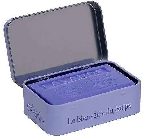 La Maison du Savon de Marseille Seifendose mit Lavendelduft, Sheabutter-Seife mit Lavendelduft, Seifenhalter für die Dusche und Reiseseifenbox, 125 g Seifenstück
