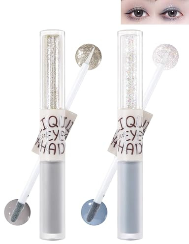 Glitter Matt Liquid Eyeshadow-2Pcs Grau Blau 2 in 1 Hochpigmentiert Glitzer Lidschatten Eyeliner, Langanhaltender Wasserdicht, Lidschatten Korean Augen-Make-up Geschenk für Weihnachten-GR 01+02