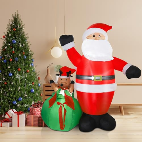 Belfoyer Aufblasbarer Weihnachtsmann, 180 cm, mit Geschenktasche, LED-Licht, Modell Riesenmann mit Rentier, für Garten, Rasen, Hof