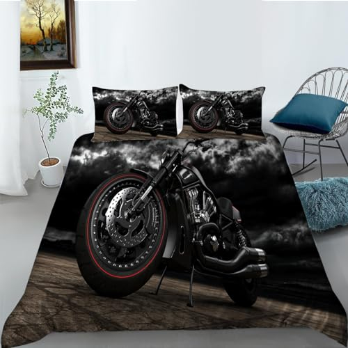 CTQTZ Motorrad Bettwäsche-Set für Kinder 135x200, Modernes Motorrad-Design, 300 TC, 3 Teile, 1x Bettbezug, 1x Kissenbezug, 40x40 cm, 750 g, Unisex, Single, Blau, Schwarz