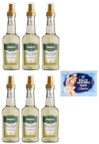 6er-Pack Ponti Essig Dolceagro Il Delicato Spray Weinessig Essig und aromatischer Traubenmost,250ml Glasflasche + 1er-Pack Kostenlos Felce Azzurra Talkumpuder, 100g-Beutel