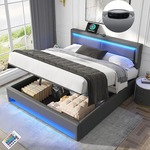 Letto matrimoniale con contenitore 160 x 200 cm con LED e spazio di archiviazione,letto imbottito 160 x 200,letto matrimoniale con porta USB,supporta la ricarica wireless,senza materasso,Grigio