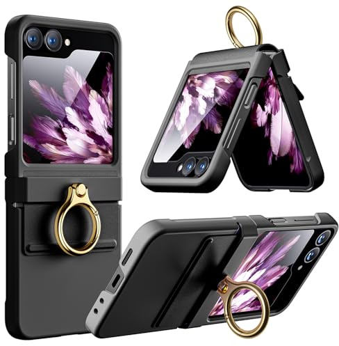 Hoerrye Handyhülle für Samsung Galaxy Z Flip 6 Hülle CASE Cover mit Ring[Eingebauter Magnet für MagSafe und Displayschutzfolie] Anti-Drop,Dünne Drahtlose Aufladung PU Leder Schutzhülle Black
